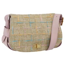 Bolsa de Ombro CHANEL 2.55 Tweed Rosa Ouro CC Auth 179020SAV Rosa Dourado