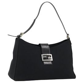 FENDI Shoulder Bag Nylon Black Silver Auth 177685 Black Silvery