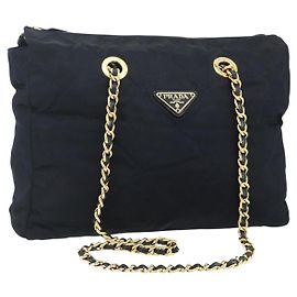 PRADA Chain Tote Bag Nylon Navy Gold Auth 177788 Golden Navy blue