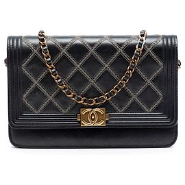 Chanel Matelassé Lammleder Double Stitch Boy Geldbörse mit Kette Schwarz