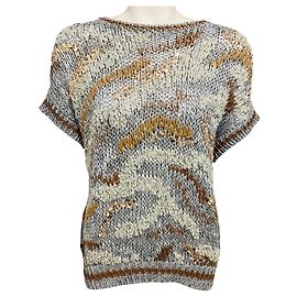 Grauer / brauner, kurzärmeliger, mit Pailletten besetzter, metallischer Strickpullover von Brunello Cucinelli Grau