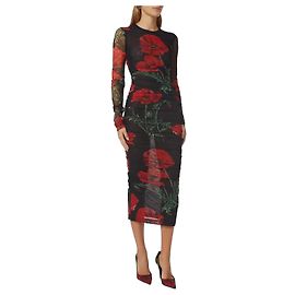 Schwarz gemustertes Midi-Kleid aus gerafftem Mesh von Dolce & Gabbana Schwarz Rot