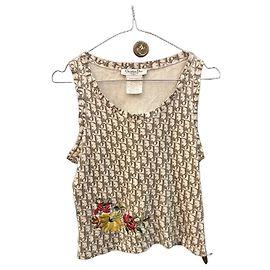 Canotta Christian Dior Monogramma Trotter con ricamo floreale Marrone Multicolore Beige