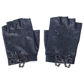 Luvas sem dedos Chanel em pele de cordeiro perfurada preta com detalhe de laço de cristal Preto Outro