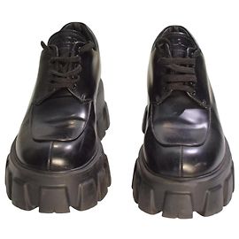 Prada Monolith Brushed Leather Platform Derby Shoes - Black Black