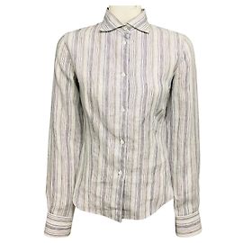 Loro Piana White / Grey / Blue Multi Striped Button Front Linen Shirt / Blouse Multiple colors