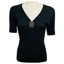 Top in cotone a coste nero con scollo a V e maniche corte decorato con perline Monili di Brunello Cucinelli Nero