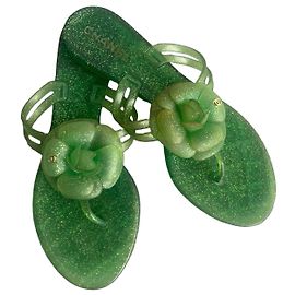Chanel Camélia Green Glitter Flip-Flops Green