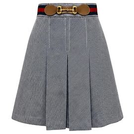 Saia plissada até o joelho em azul marinho / branco / dourado com detalhe de faixa Web da Gucci Azul marinho