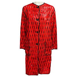 Dries Van Noten Red / Black Embroidered Woven Button Front Mid Length Coat Red