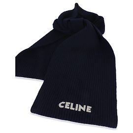 Céline Cachecol de lã canelada azul marinho com logo aplicado Celine Outro