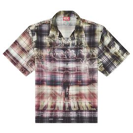 Diesel Kurzarm-Hemd mit Karomuster und Posterprint in Multicolor, Größe 48 IT Orange