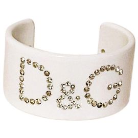 Dolce & Gabbana Bracciale Rigido in Resina Bianca e Cristalli Argento Bianco