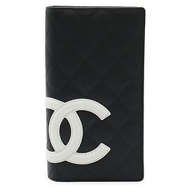CHANEL Carteira Longa Bi-fold em Couro Cambon com Marca Coco Preto Rosa Branco