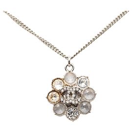 Chanel Silver CC Brass Strass Flower Pendant Necklace Silvery