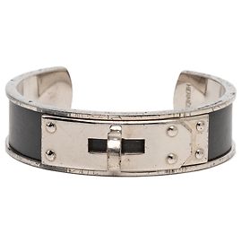 Hermès Black Leather and Palladium Plated Kelly Cuff Bracelet Black