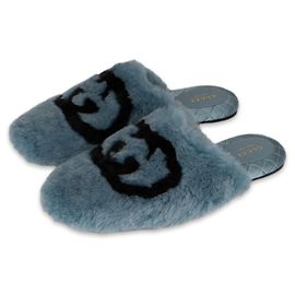 Gucci Interlocking G - Pantofole in pelliccia sintetica Blu Dolce Nero