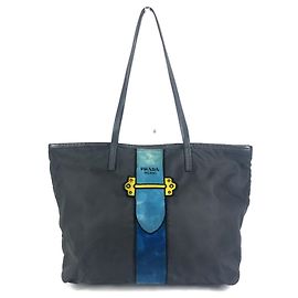 Prada Caye Trompe-l'oeil Belt Logo Stripe Shoulder Tote Black Blue