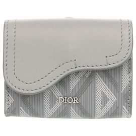 Christian Dior Gray Leather Card Case Brown