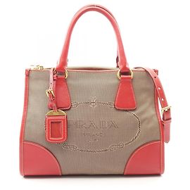 Prada PRADA Logo Jacquard 2-Way Handbag Red Beige