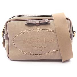 Bolsa de Ombro em Jacquard com Logo Prada Marrom Bege