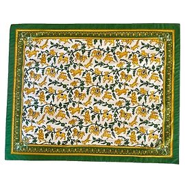 Hermès Set de Table 'Chasse en Inde' en Coton avec Boîte et Sac Blanc Doré Vert Jaune Vert foncé