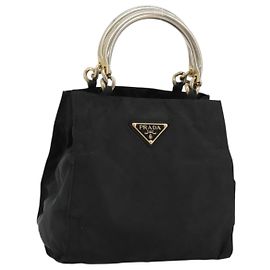 PRADA Bolsa de mão com corrente em nylon preto e dourado Auth bs34582 Preto Dourado