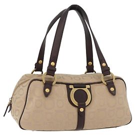 Bolsa de mão Gancini em lona bege e dourada Auth 178645A da Salvatore Ferragamo Bege Dourado