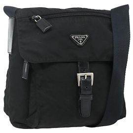 PRADA Shoulder Bag Nylon Black Silver Auth 176211 Black Silvery