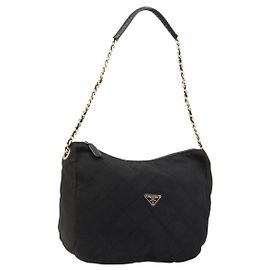 Borsa a spalla con catena Prada in nylon nero e oro Auth bs34879A Nero D'oro