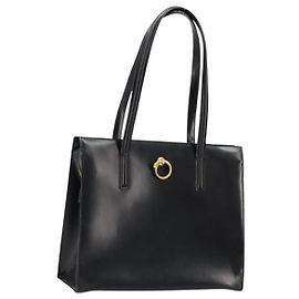 CARTIER PANTHERE Bolsa Tote Couro Preto Dourado Auth 178125 Preto Dourado