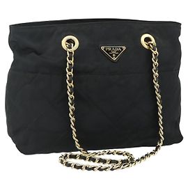 Bolsa Tote em Cadeia Prada Nylon Preto Ouro Auth 178129 Preto Dourado