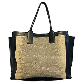 Chloé Bolsa tote de tecido e couro bege / preto com alças duplas Chloe Multicor