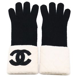 CHANEL Coco Mark Kaschmirstrickhandschuhe Schwarz Weiß