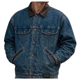 Burberry Denim Jacket with Leather Trim Brown Blue