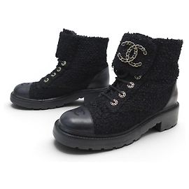CHANEL RANGERS LACE-UP G36424 40 TWEED COMBAT BOOTS Black
