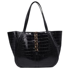 Bolsa Tote Large Greca Goddess em couro preto com relevo de crocodilo Versace Preto