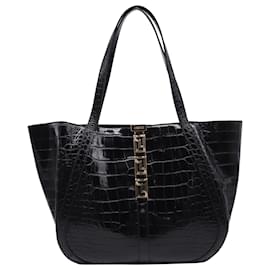 Versace Large Greca Goddess Tote Bag aus schwarzem Leder mit Krokoprägung Schwarz
