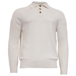 Pull polo à manches longues en maille Brunello Cucinelli en coton blanc Blanc Écru
