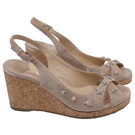 Jimmy Choo Star-Embellished Peep-Toe Wedge Pumps in Beige Suede Beige