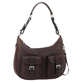 Bolsa de Ombro PRADA em Couro Marrom Prata Auth 178118A Marrom Prata