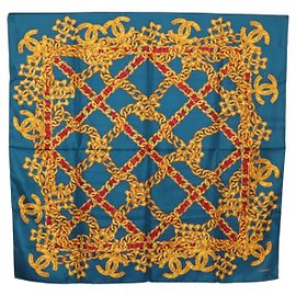 CHANEL Chain Accessory Pattern Scarf Silk Blue CC Auth am11561A Blue