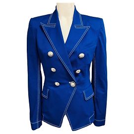Giacca Balmain in cotone blu a doppio petto con bottoni argentati Blu