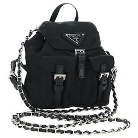 Borsa a Spalla con Catena PRADA Nylon Nero Argento Auth AMZ520M Nero Argento
