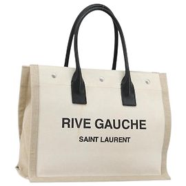 SAINT LAURENT Cabas Rive Gauche Bag Canvas Beige Silver 123435 Auth BA12394A Prata Bege