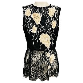Top de encaje sin mangas con adornos Black / Ivory Oscar de la Renta Negro