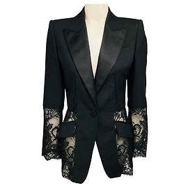 Alexander McQueen Black Floral Lace Panel Blazer Black