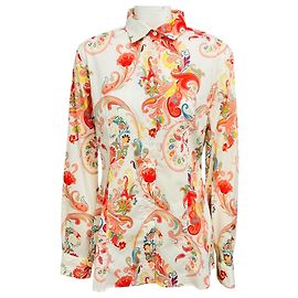 Blusa de algodón elástico con estampado paisley blanco / coral multicolor con botones frontales Etro Multicolor