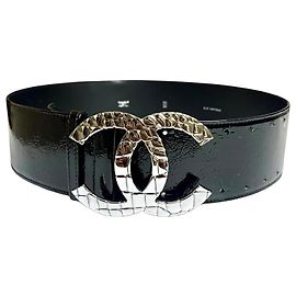 Chanel 07P Oversized CC Croc-Embossed Wide Belt in Black Patent Leather Black Silver hardware