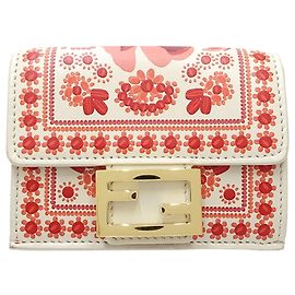 Fendi Red Leather Coral Bandana Baguette Micro Trifold Wallet Red